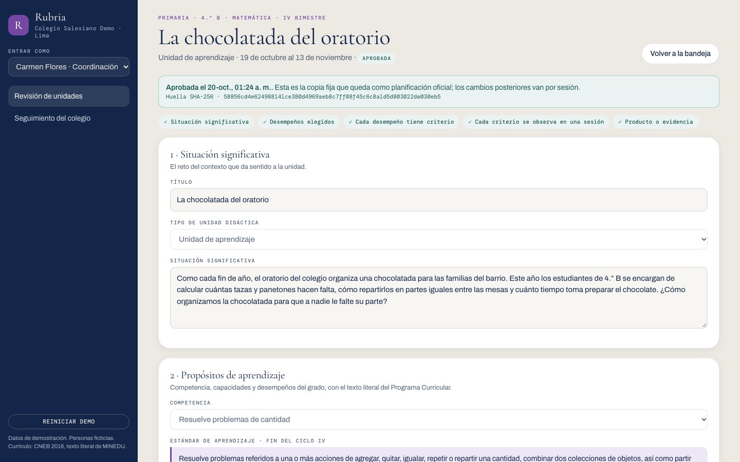 Rubria: unidad aprobada por coordinación, con la huella de la copia fija.