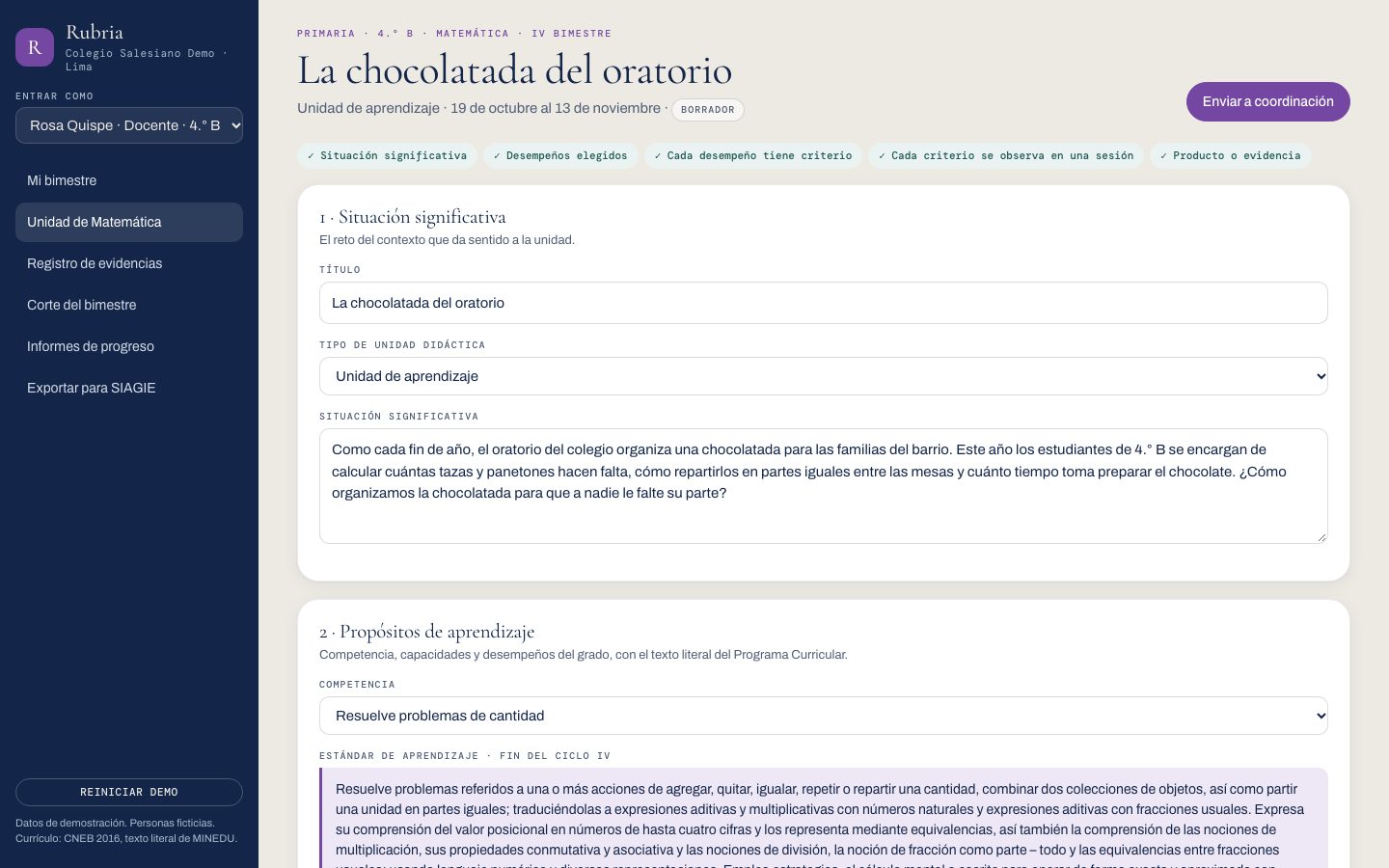 Rubria: unidad de aprendizaje «La chocolatada del oratorio», con la revisión de alineamiento completa.